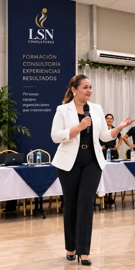 Lesly Nolasco impartiendo una formación de LSN ante su equipo y participantes, con el logotipo de LSN Consultores de fondo